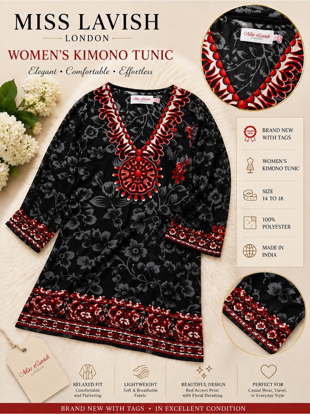 Lavish Black Tunic with Red Floral Accents